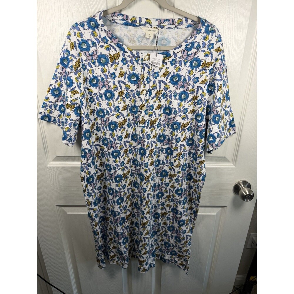 Vera Bradley Henley Night Gown Dress Sleep Shirt M Wild Prairie Blue Butterfly